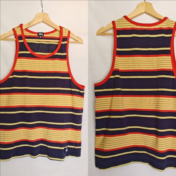 Stussy Tank Top Crew Neck Striped Retro Yellow Blue Red Slim XL Y2K - Picture 1 of 8